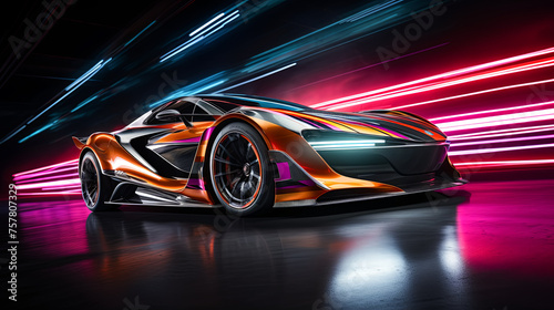 Racing car showcases aerodynamic body kit upgrades as it races through lively outdoor scenes.