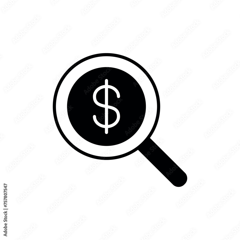 Money search icon vector illustration. Magnifying glass with dollar on isolated background. Research sign concept. Money search icon vector illustration. Magnifying glass with dollar on isolated background. Research sign concept.