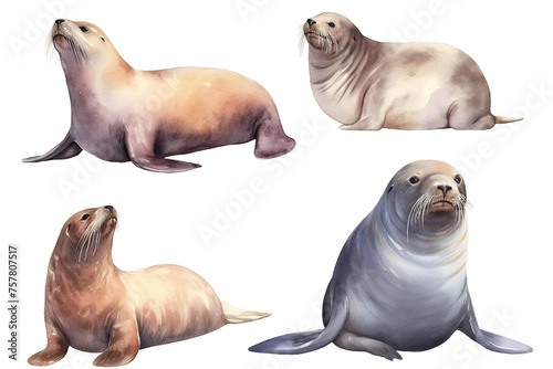 walrus seal fur world Arctic seal isolated background water watercolor Set illustrations white