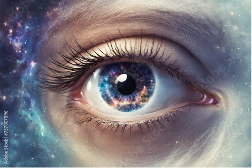 Woman galaxy in eye and outer space, Cosmic Reflection in Woman's Eye, Astronomy and Beauty Concept Woman with Galaxy Eye © nazir