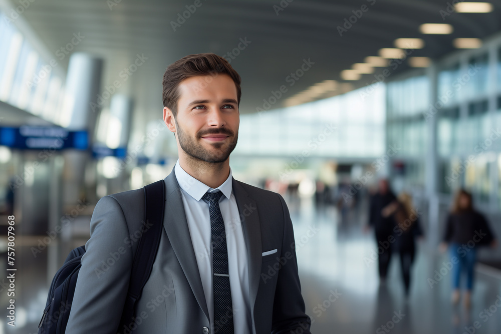 business man in an airport smiling forward in the air, in the style of light teal and light gray, long distance and deep distance, Generative Ai. business man in an airport smiling forward in the air, in the style of light teal and light gray, long distance and deep distance, Generative Ai.