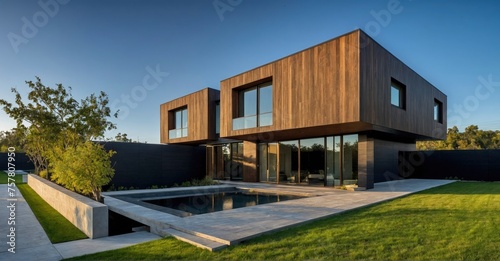 Modern luxury residence Cubic house with wooden cladding, black panel walls, and meticulously designed landscaping in the front yard