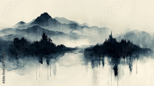 Abstract art landscape banner design with watercolor texture modern on black brush stroke texture.