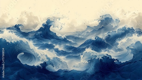 Vintage style blue line pattern with ocean objects on a Japanese background. photo