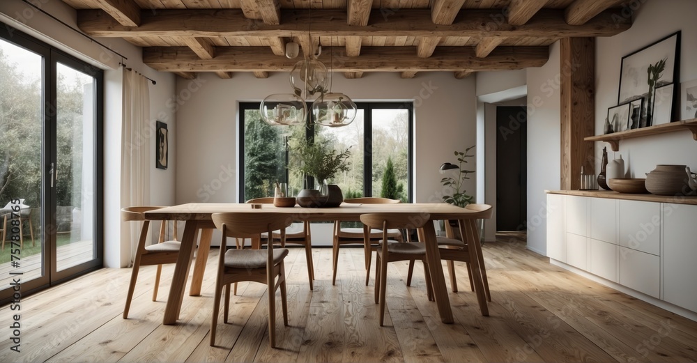 Scandinavian attic elegance Dining table and chairs under wood beams create a stylish modern dining room