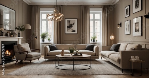 Scandinavian charm Round coffee table on a beige rug, cozy sofa, classic paneling, and eye-catching poster in a modern living room