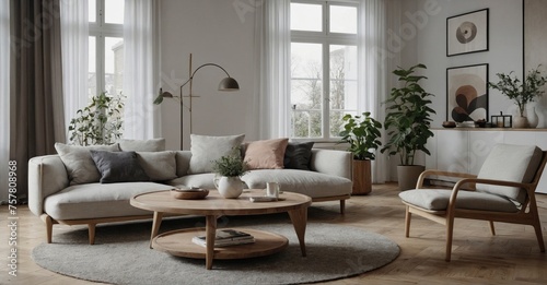 Scandinavian home aesthetic Round wood coffee table complements a white sofa in a modern living room © Hashim