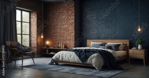 Serene sleeping quarters Modern Scandinavian bedroom featuring a bed with beige bedding against dark blue and brick walls