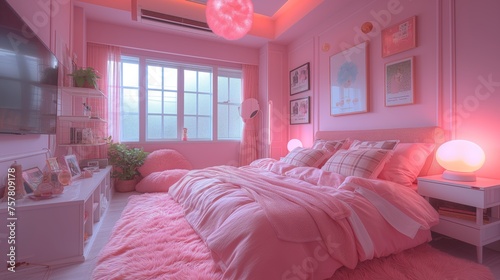 Interior of modern pink bedroom with bed, shelving unit, lamps and furniture, pictures on the wall. Girl's total pink bedroom, trendy design render 3D. Cozy room for a girl or teen