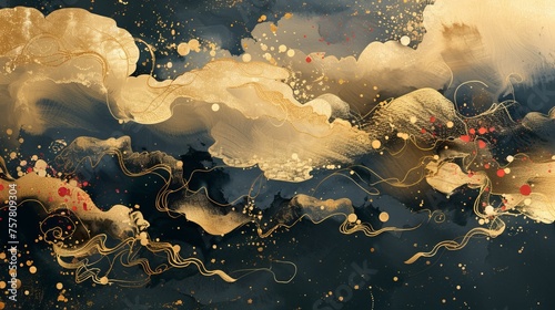 Chinese cloud with Japanese pattern modern. Oriental decoration with Crane bird element. Flyer, banner or presentation in vintage style. Gold and black watercolor texture with abstract icon.