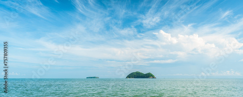 Ocean, island and blue sky background. Rat and cat islands at Samila beach, Songkhla, Thailand. photo