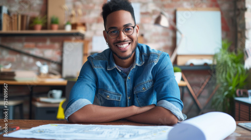 a young professional sitting at a desk in a modern office setting with a laptop, blueprints, and a notebook, exuding an air of optimism and confidence.