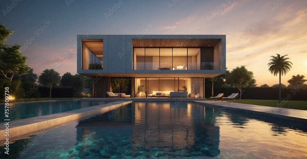 Sunset elegance Modern minimalist cubic villa exterior with a swimming pool, capturing the essence of tranquility