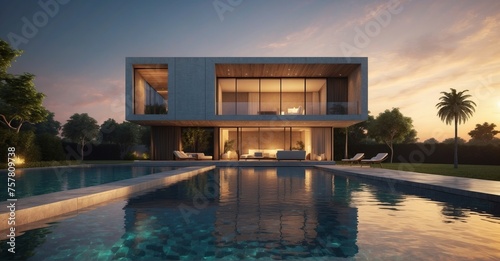 Sunset elegance Modern minimalist cubic villa exterior with a swimming pool, capturing the essence of tranquility © Hashim