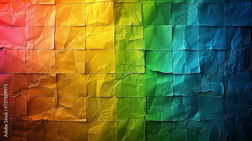 Crinkled Parchment Squares Arranged in a Rainbow-Colored Pattern Background