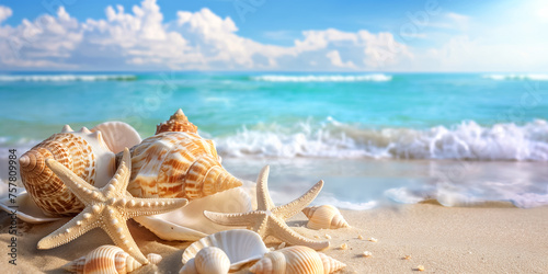 Summer beach with starfish and shells with background sea. Space for text © zamuruev
