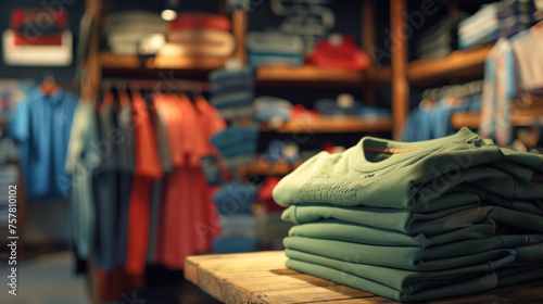 stacked pile of folded green shirts on a wooden table in a fashionable retail clothing store, with a variety of other garments arranged in the background.