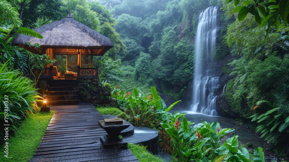 Serene Bali yoga retreat with lush waterfall view, perfect for tranquility and meditation