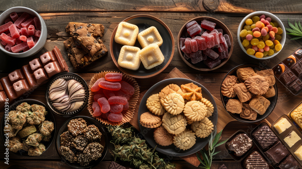 Assorted cannabis edibles spread on wooden surface, showcasing variety and indulgence Assorted cannabis edibles spread on wooden surface, showcasing variety and indulgence