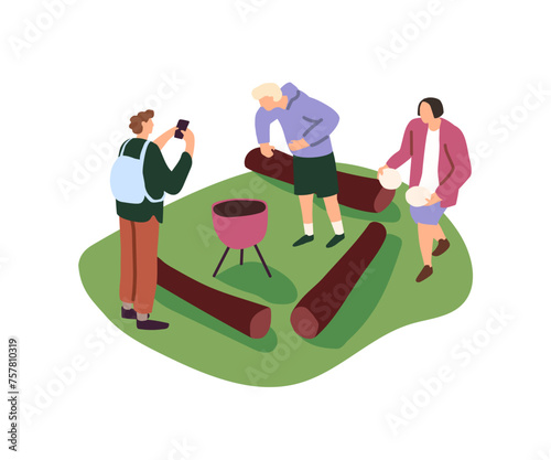 People do barbecue outdoor in summer. Happy friends meeting, have a bbq picnic in park. Logs and grill on grass clearing. Holiday weekends. Flat isolated vector illustration on white background