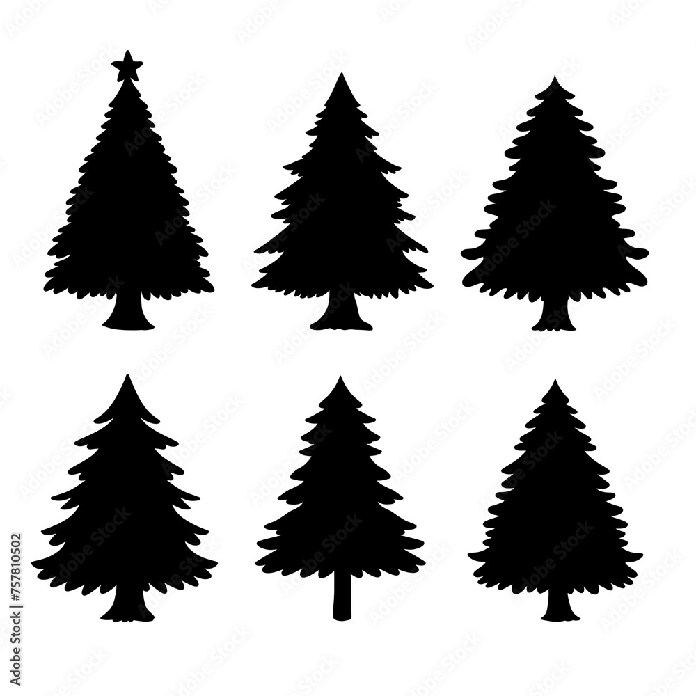 Isolated Pine on the white background. Pine silhouettes. Tree hand drawn