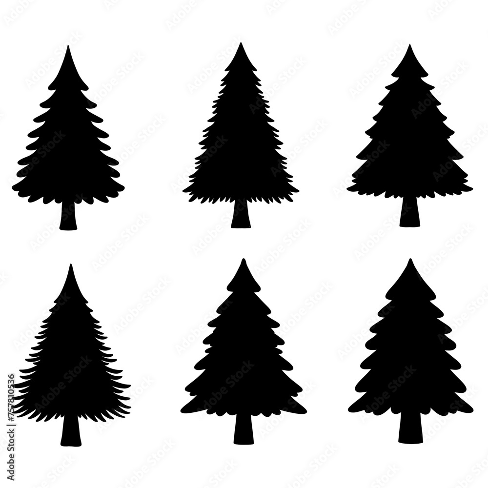 Isolated Pine on the white background. Pine silhouettes. Tree hand drawn