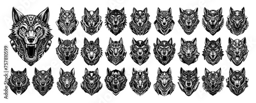 Front view of cyborg wolf head illustration design set