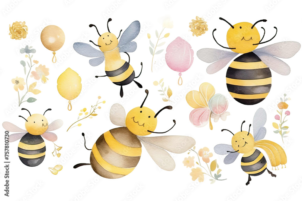 Honey design watercolor theme Set baby shower party Bee baby honey summer Girl cute path Boy flight bees