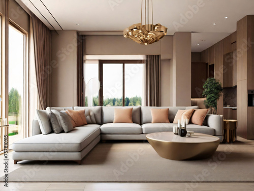 Panorama of luxury living room and dining area with sofa armchair.3d rendering.