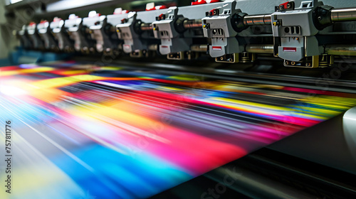 High-speed offset printing press creating vibrant color prints