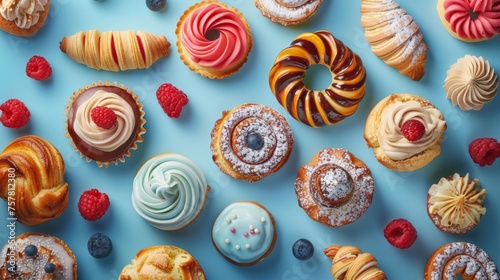 Group of assorted pastries isolated on blue background. Pastry, cakes, buns, biscuits, sweets.