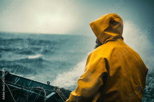 Fisherman in a yellow jacket standing on a fishing boat against a stormy sea. Fisherman in yellow jacket. Man standing on boat deck.
 photo