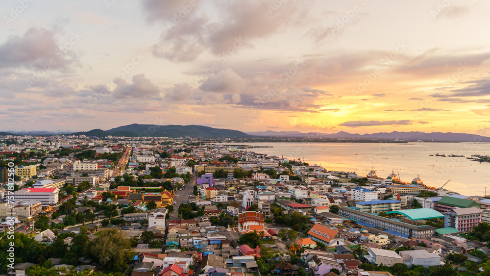 Panorama of Songkhla at sunset, Thailand.  City scape of songkhla old town. View point from Tang Kuan Mountain.