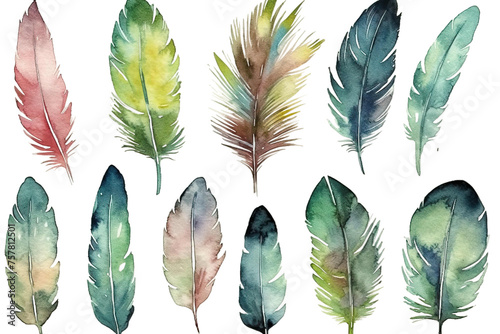 drawn hand vector feathers Set watercolor photo