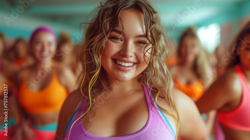 Happy overweight beautiful woman on a group workout in a fitness club. Dance training, aerobic workout, group training. Plus size woman in class with another girls, healthy concept. Сardio workout.