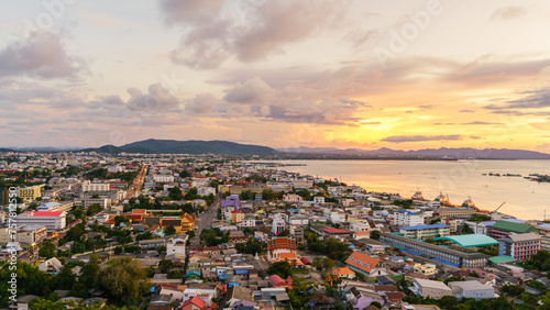Panorama of Songkhla at sunset, Thailand. City scape of songkhla old town. View point from Tang Kuan Mountain.