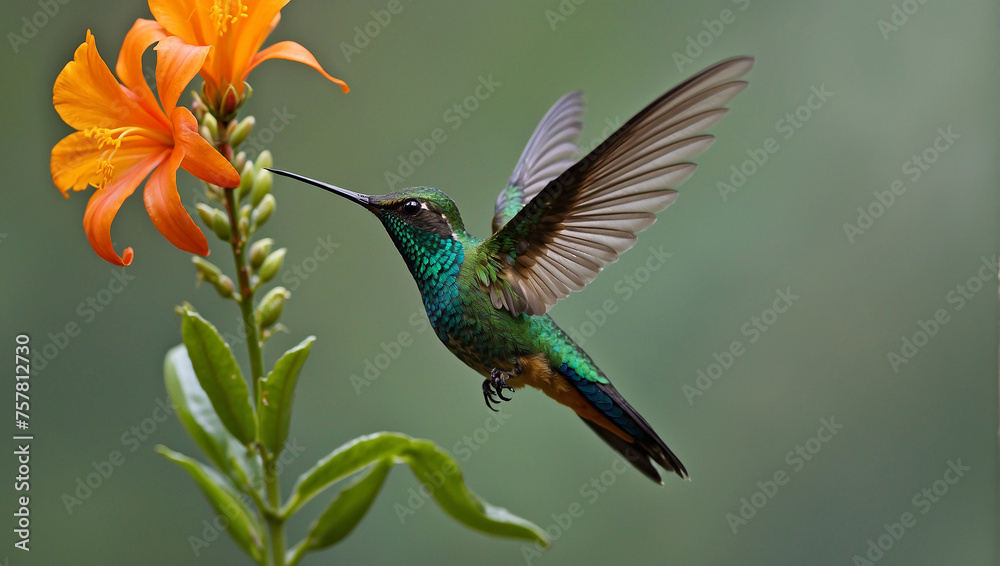 A hummingbird hovers near an orange flower.