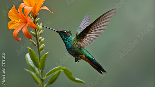 A hummingbird hovers near an orange flower. © Noman