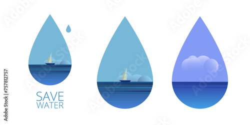 Set of blue water drop design vector illustration with ocean landscape icon and sign. Save water, save ocean, save planet. Ecology concept