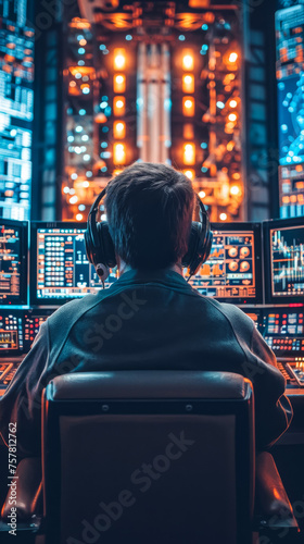 free space for title banner with an engineer with headset in a launch control room, staring at screens a launch that about to happen, stress is palpable