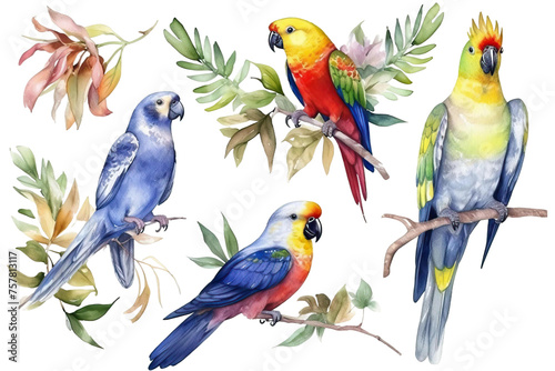 background cockatiel maccaw illustration white elements Watercolor Isolated birds design Set tropical Parrots