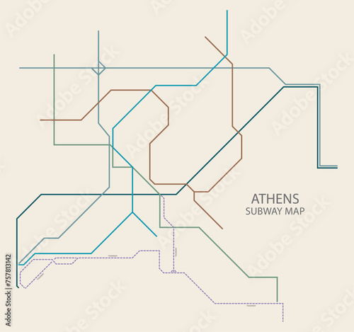 Athens city subway vector map colored
