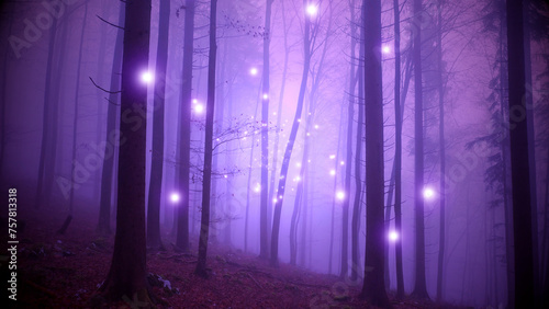 Fantasy fireflies in purple foggy forest.