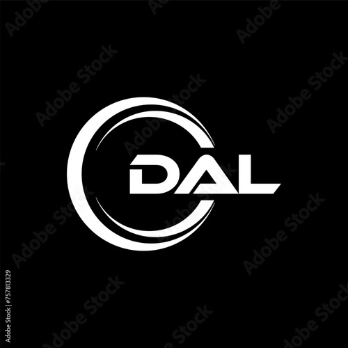 DAL letter logo design with black background in illustrator, cube logo, vector logo, modern alphabet font overlap style. calligraphy designs for logo, Poster, Invitation, etc.