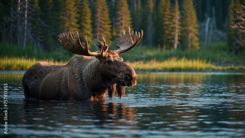 A large moose standing half-submerged in a lake.
