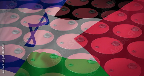 Image of oil barrels over flag of palestine and israel