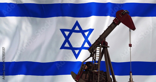 Image of oil rig over flag of israel