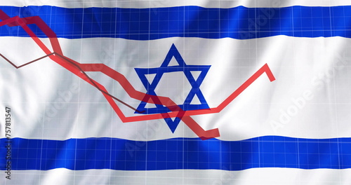 Image of red lines and financial data processing over flag of israel
