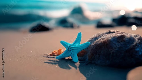 Blue starfish on the sand with the sea in the background. seashore, place for text, copy space. Travel, vacation. A blue seastar (Linkia laevigata). Family travel and vacation concept. photo