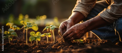 close up of farmer hands sowing vegetable seeds in fertile soil  organic farming concept